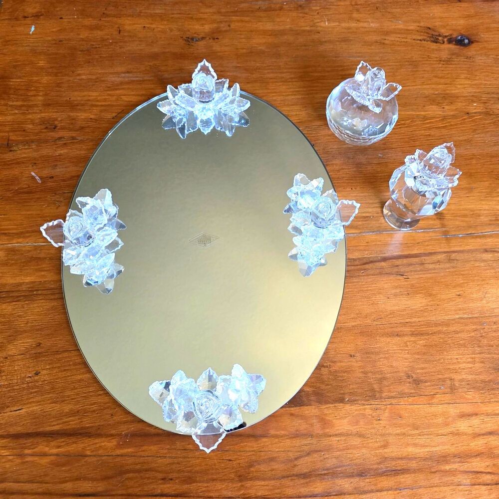 Vintage Godinger Shannon Crystal 3 PC Rose Vanity Set, Tray, Perfume, Jar